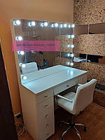 Стол для визажиста "Кристалл", гримерное зеркало с подсветкой,туалетный столик для макияжа, белый 5