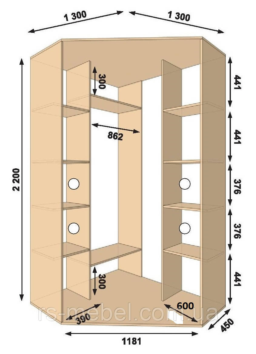 Шафа-купе кутова 1300х1300х2200, 2 двері (Алекса), фото 1