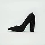 Туфлі човника жіночі чорні замшеві на стійкому підборі з камінчиками 10 см, фото 4