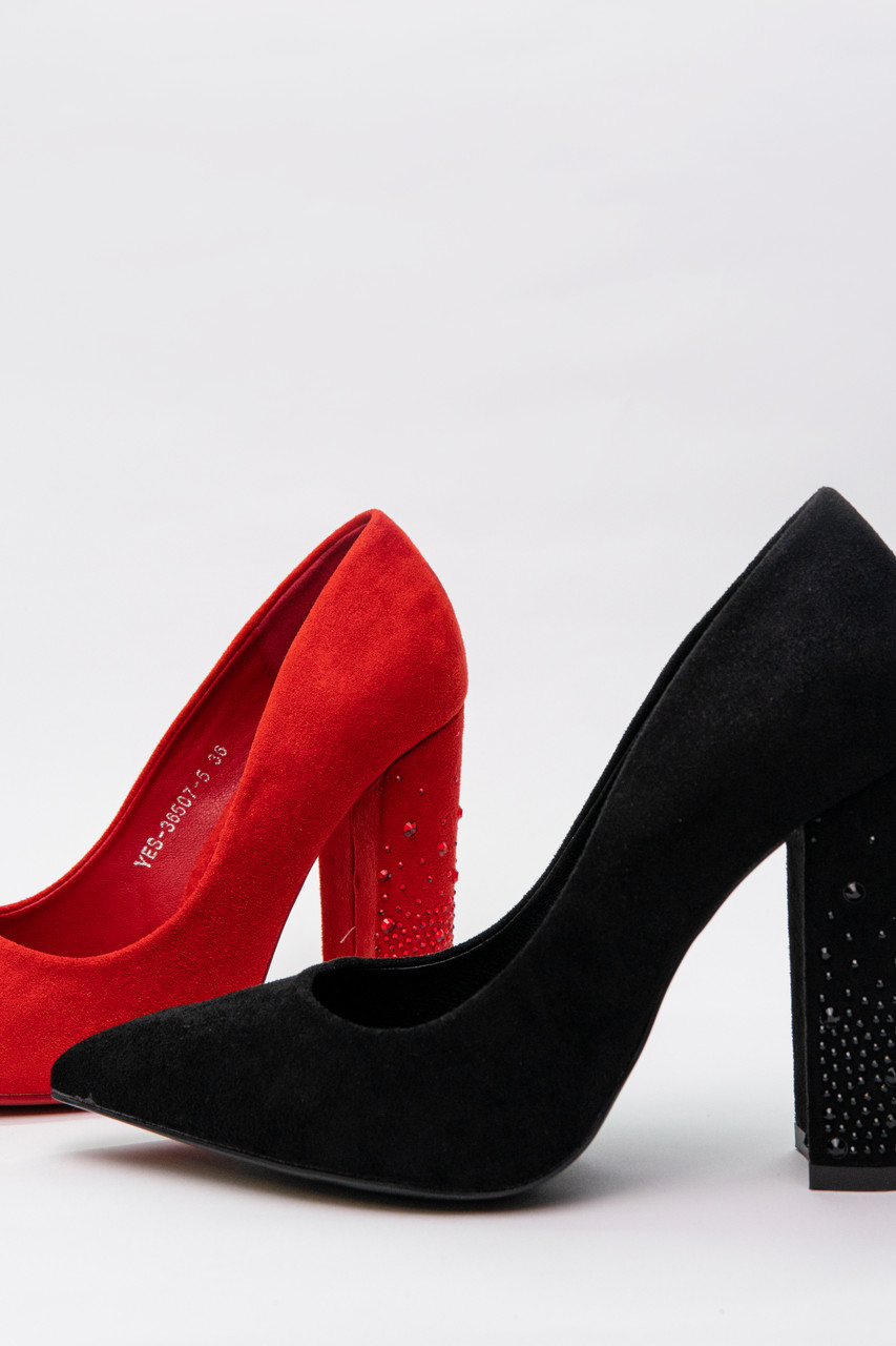 Туфли лодочки женские красные замшевые на каблуке с камушками 10см - фото 7 - id-p1221472035