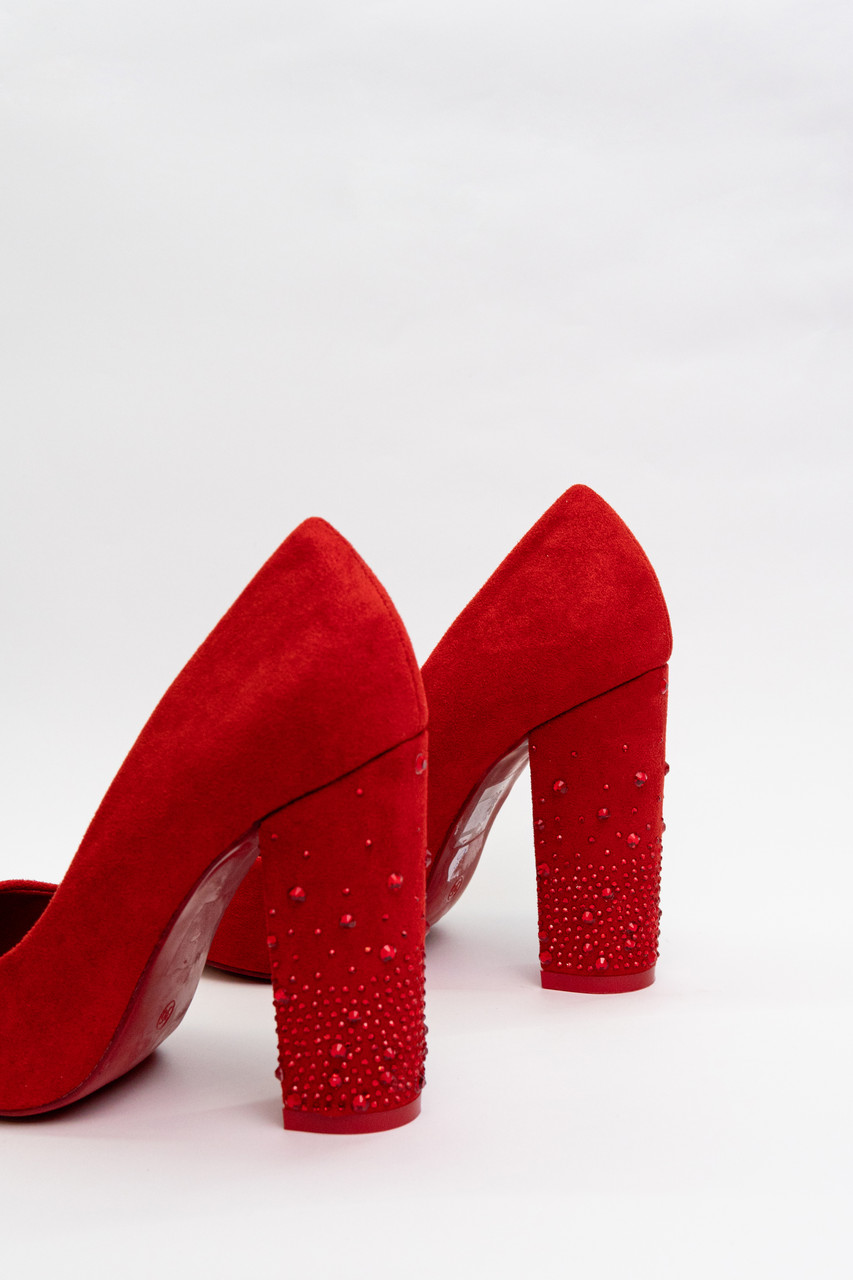 Туфли лодочки женские красные замшевые на каблуке с камушками 10см - фото 6 - id-p1221472035