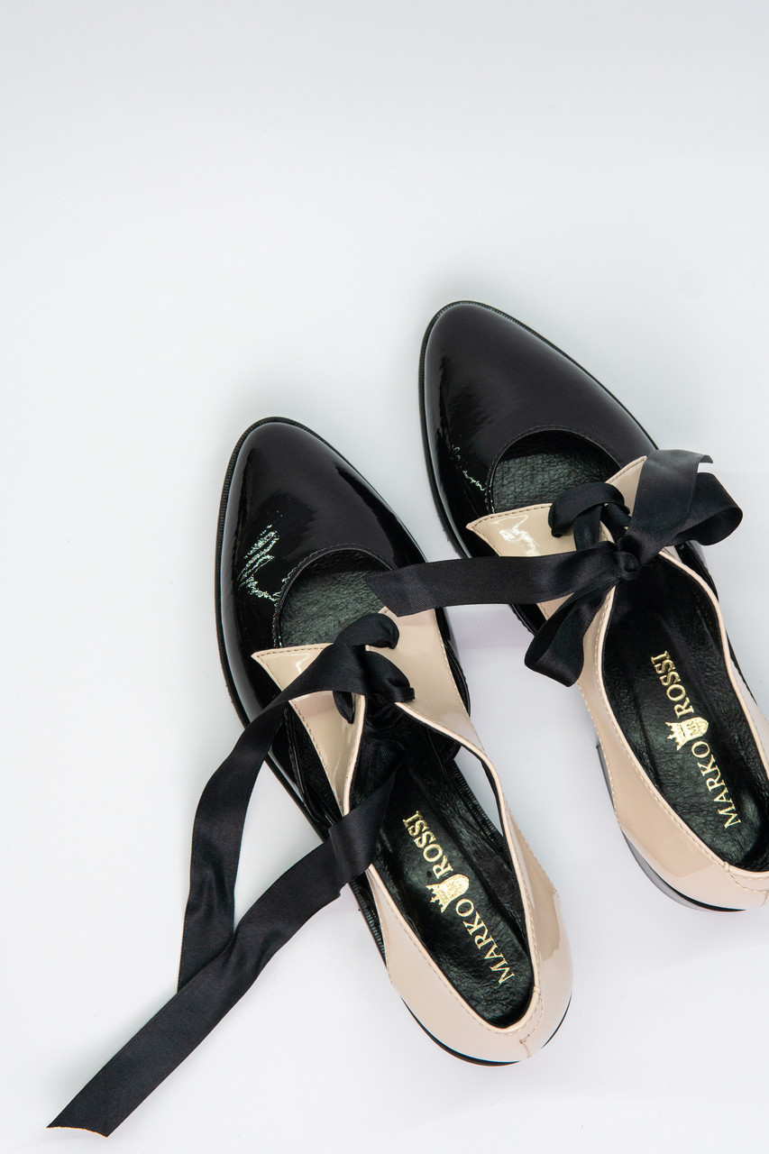Туфлі жіночі чорні лакові на низькому ходу з бантиком літні, фото 1