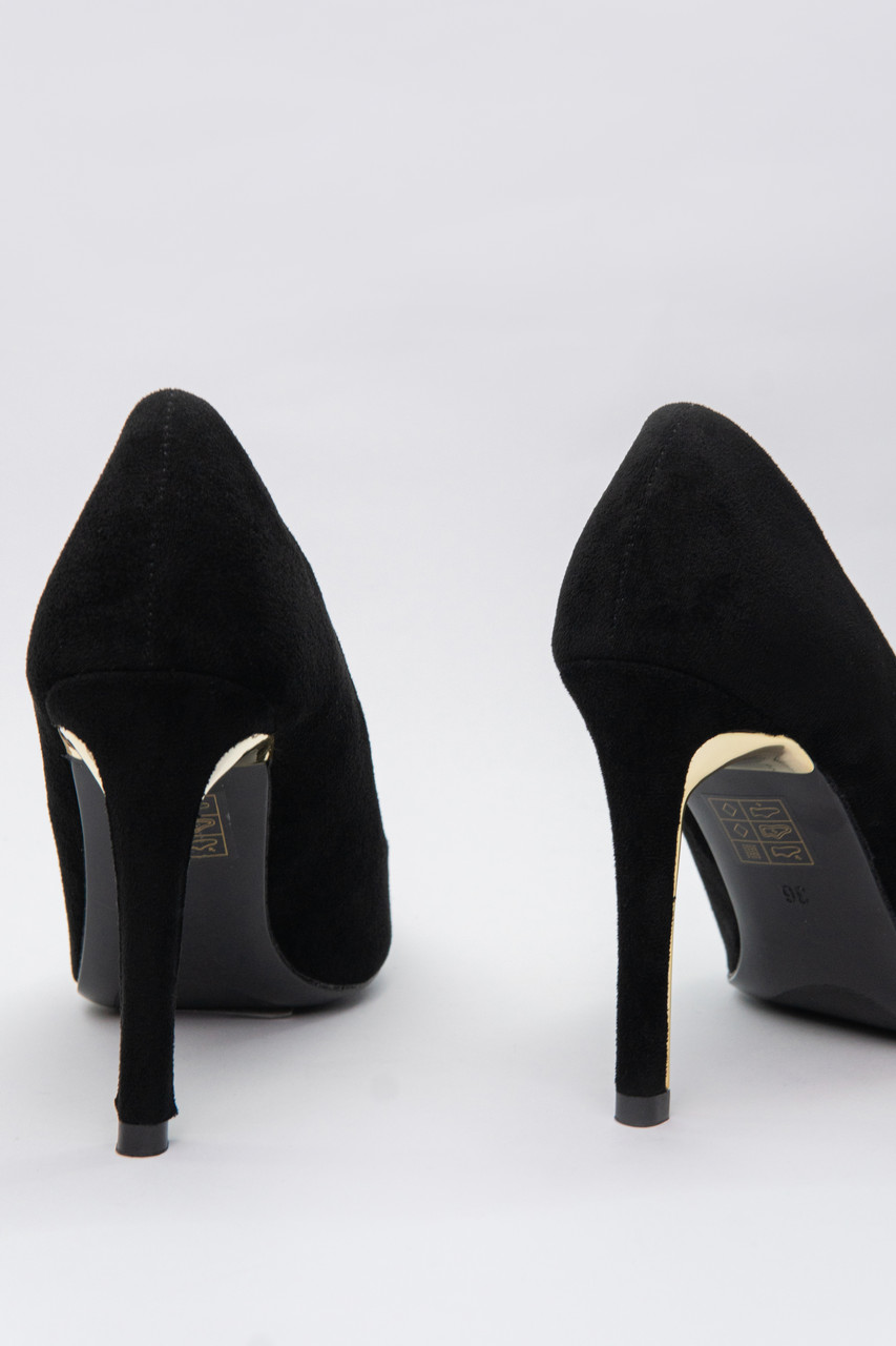 Туфли лодочки женские черные на золотом каблуке на шпильке замшевые 10см - фото 7 - id-p1221472047