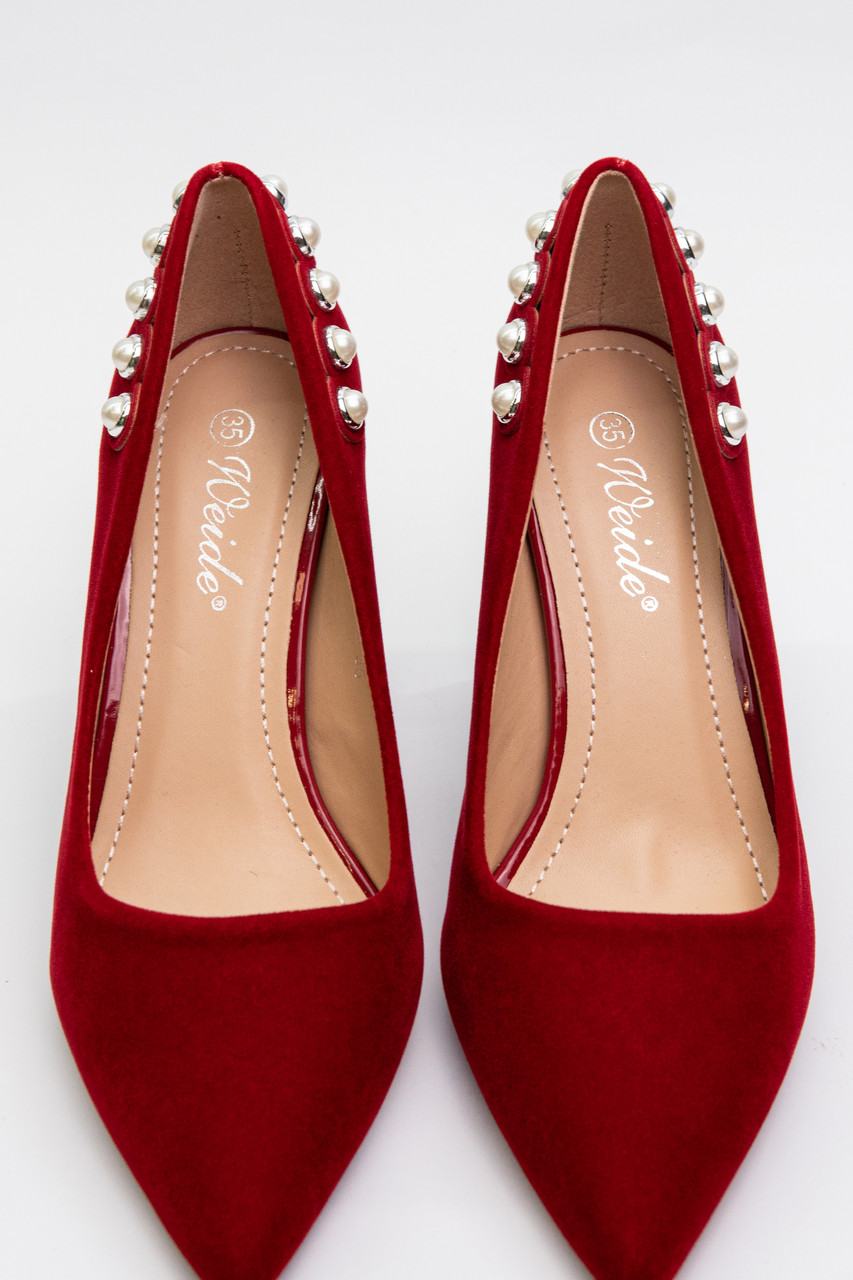 Туфли лодочки женские красные на устойчивом каблуке с жемчугом из натурального велюра 9см - фото 5 - id-p1221472057