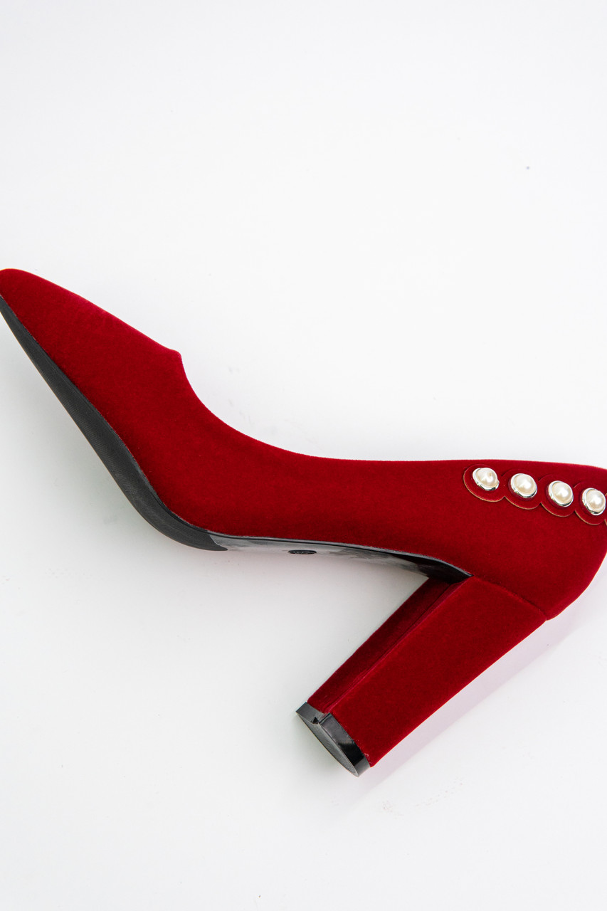 Туфли лодочки женские красные на устойчивом каблуке с жемчугом из натурального велюра 9см - фото 7 - id-p1221472057
