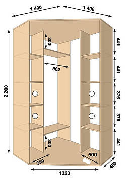 Шафа-купе кутова 1400*1400*2200, 2 двері (Алекса)