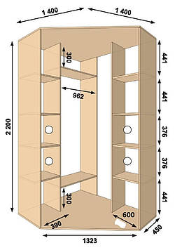 Шафа-купе кутова 1400х1400х2200, 2 двері (Алекса)