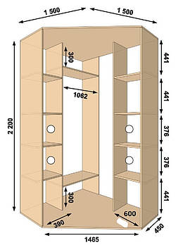 Шафа-купе кутова 1500х1500х2200, 2 двері (Алекса)