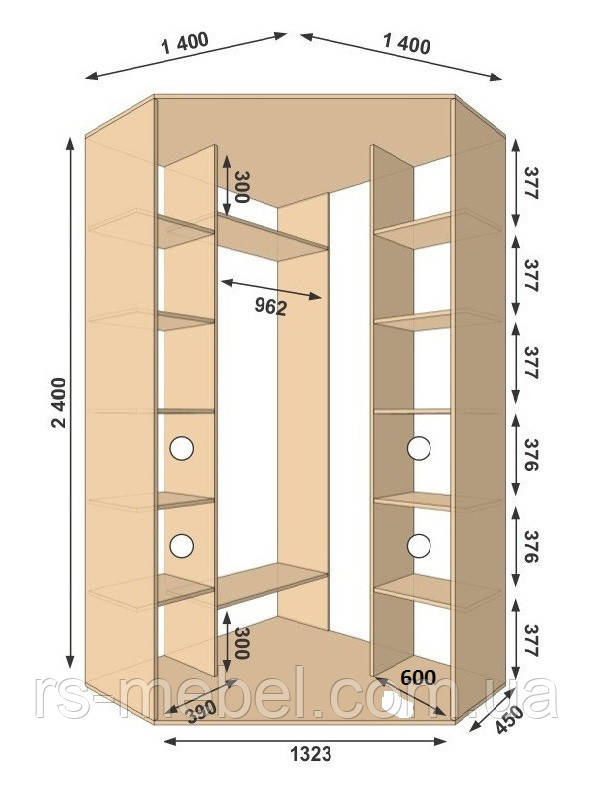 Шафа-купе кутова 1400х1400х2400, 2 двері (Алекса)