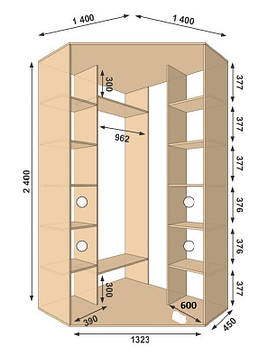 Шафа-купе кутова 1400*1400*2400, 2 двері (Алекса)