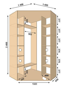 Шафа-купе кутова 1400х1400х2400, 2 двері (Алекса)