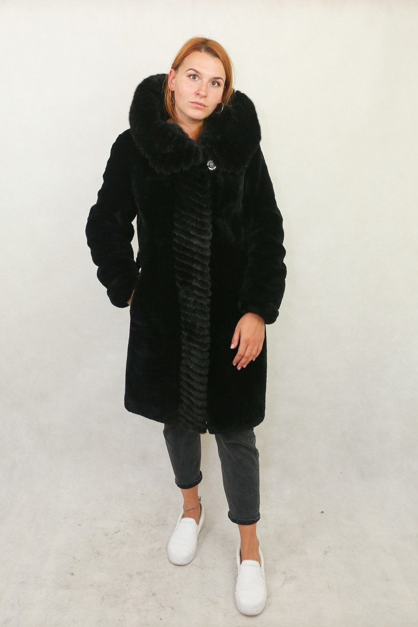 Шуба з хутра мутон і канадської норки натуральна чорна, фото 1