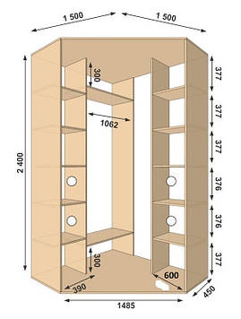 Шафа-купе кутова 1500х1500х2400, 2 двері (Алекса)