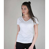 Женская хлопковая однотонная футболка с V-образным вырезом белая - XS, S, L