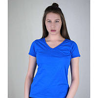 Женская хлопковая однотонная футболка с V-образным вырезом ярко-синяя - XS, S