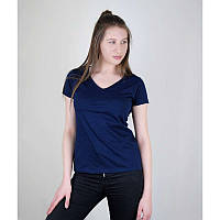Модная женская хлопковая футболка с V-образным вырезом темно-синяя - XS, S