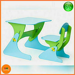 Парта дитяча дерев'яна  зелено-блакитна зі стільцем із регулюванням висоти