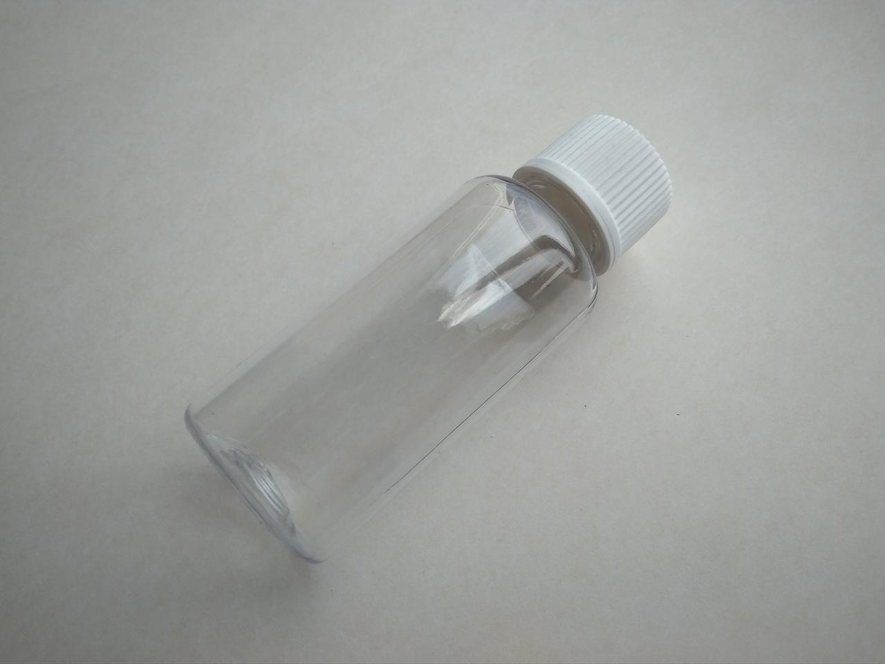 30 мл Круглий флакон прозорий ПЕТ з білою кришкою гвинтовою ребристою, пляшка з закруткою, ковпачком, пробкою