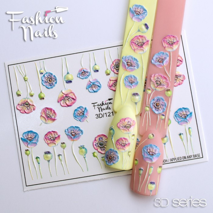 Слайдер дизайн 3D квіти - 3D наклейки для дизайну нігтів Fashion Nails 3D/121 - 3d Слайдер-дизайн КВІТИ Маки