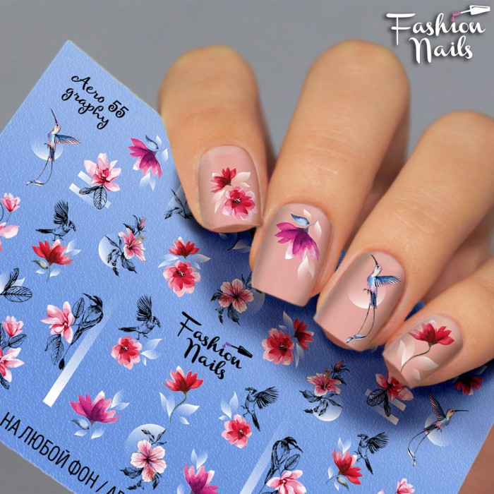 Слайдер-дизайн Квіти - наклейки для нігтів Fashion Nails Aero55 - Слайдери водні наклейки КВІТИ птах Колібрі