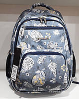 Школьный рюкзак голубой для девочки с ортопедической спинкой тканевый с карманами модный Цветы Dolly 547
