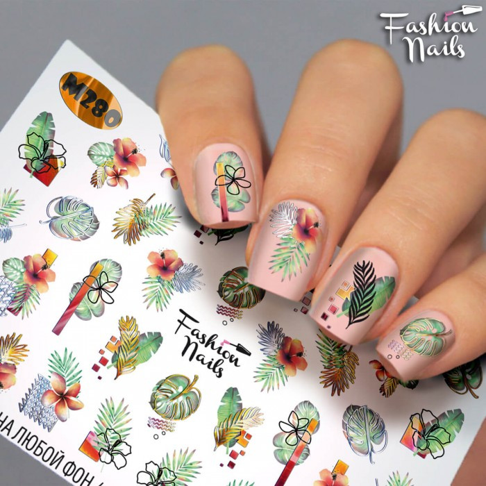 Слайдер-дизайн КВІТИ Листок - Наклейки для нігтів Природа Fashion Nails - Слайдери водні наклейки КВІТИ М280