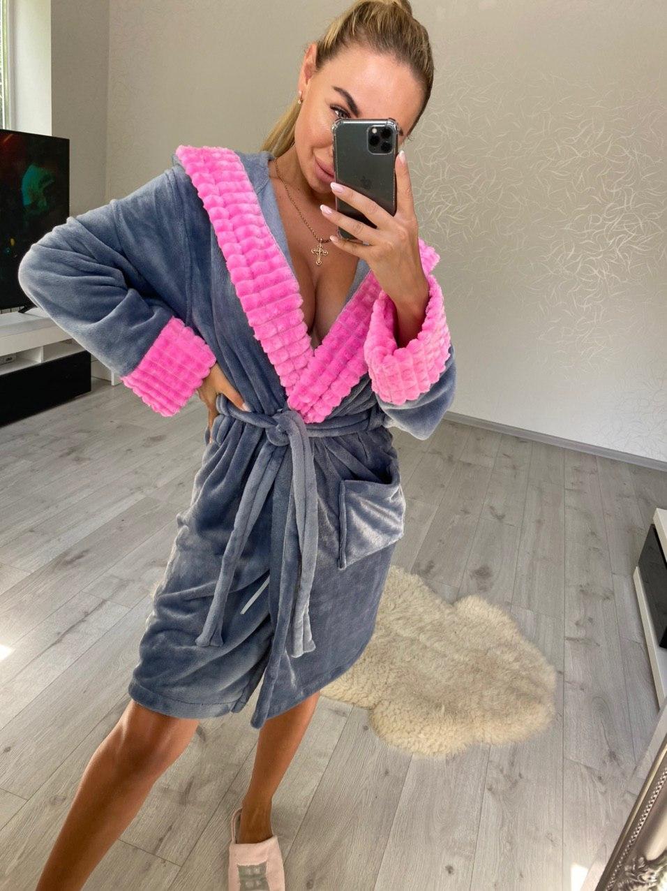 Халат теплий для дому з поясом і капюшоном сірого кольору, фото 1