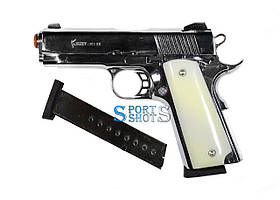 Стартовий пістолет Kuzey 911 SX shiny chrome, білі ручки, з дод. магазином (Colt 1911)
