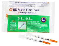 Шприци BD Micro-Fine (Мікро Файн) Plus U-100, 0,5 мл, 0,25 мм (31G) х 6 мм, 10 шт.