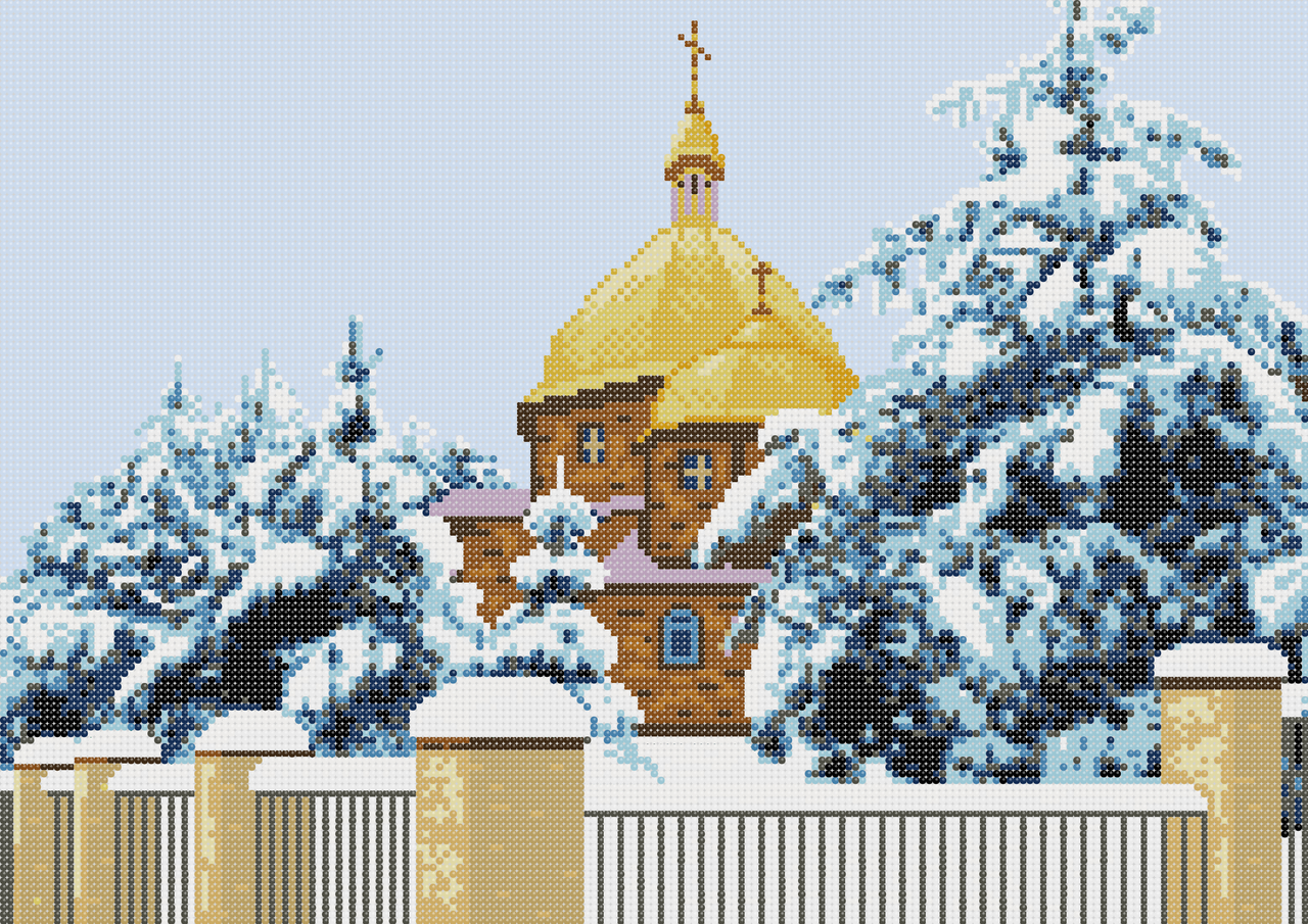 Церква .Зима Схема повної вишивки бісером