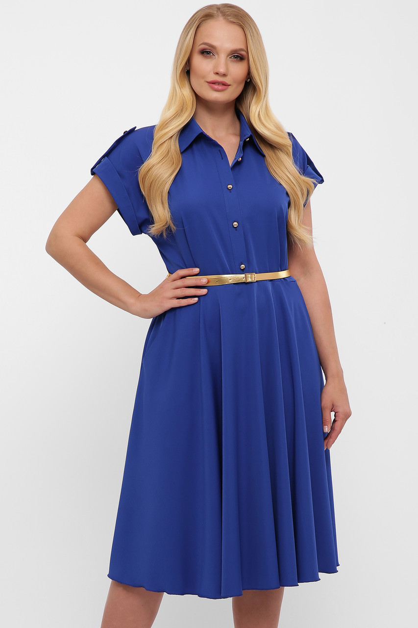 Платье цвет электрик насыщенно синее с юбкой солнце-клеш и рубашечном воротником размер 48-56 - фото 8 - id-p1222684551