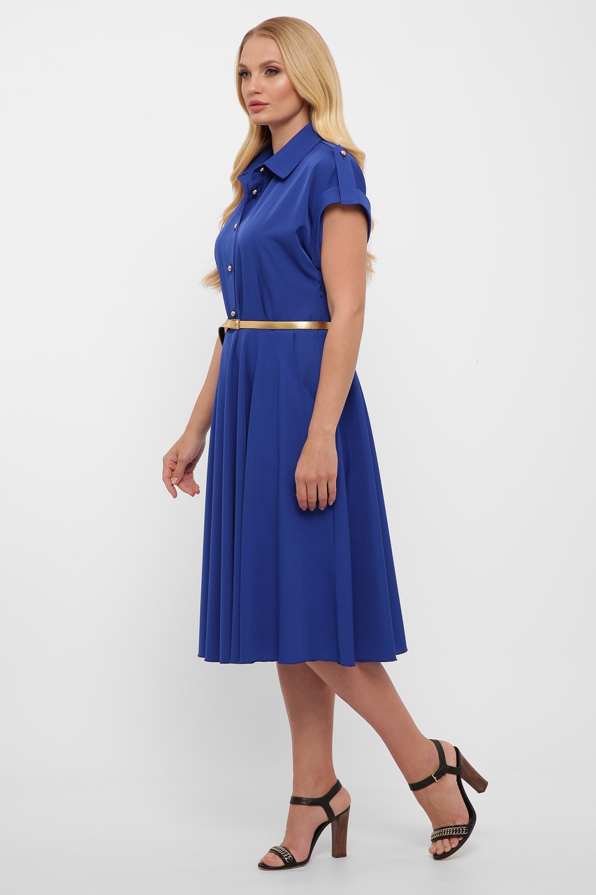 Платье цвет электрик насыщенно синее с юбкой солнце-клеш и рубашечном воротником размер 48-56 - фото 6 - id-p1222684551