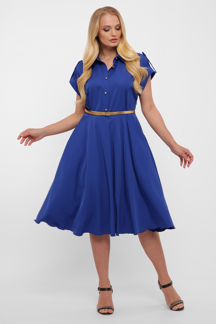 Платье цвет электрик насыщенно синее с юбкой солнце-клеш и рубашечном воротником размер 48-56 - фото 1 - id-p1222684551