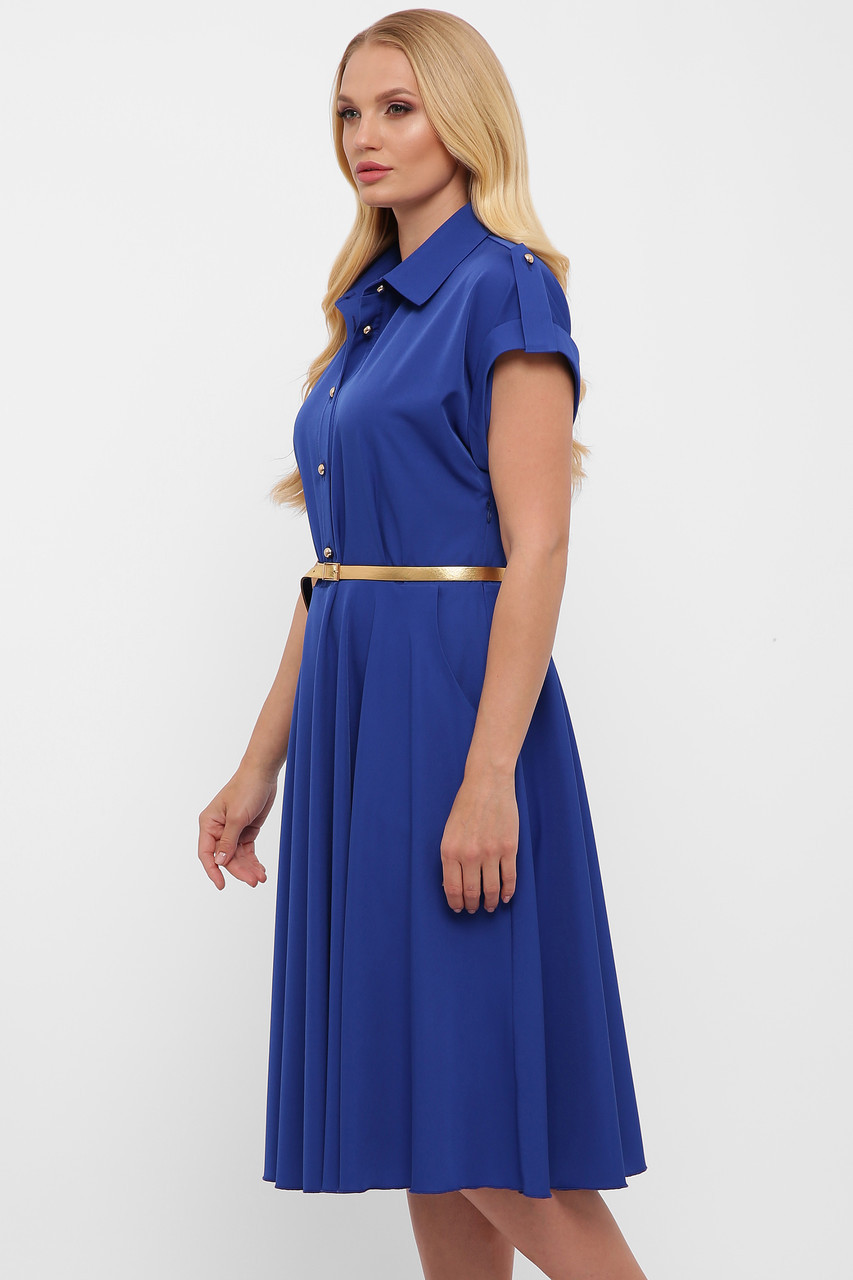 Платье цвет электрик насыщенно синее с юбкой солнце-клеш и рубашечном воротником размер 48-56 - фото 3 - id-p1222684551