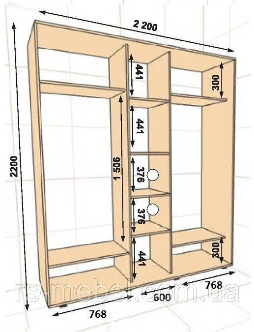 Шафа-купе 2200х450х2200, 3 двері (Алекса)