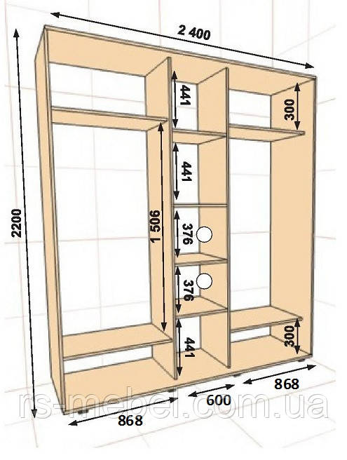 Шафа-купе 2400х600х2200, 3 двері (Алекса), фото 1