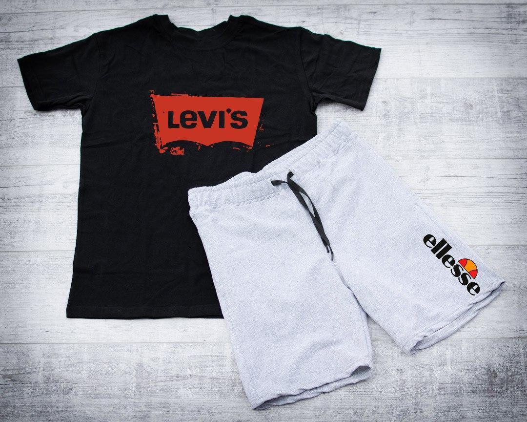 Сірі чоловічі шорти ellesse і чорна футболка Левайс (Levi's)/ Літні комплекти для чоловіків