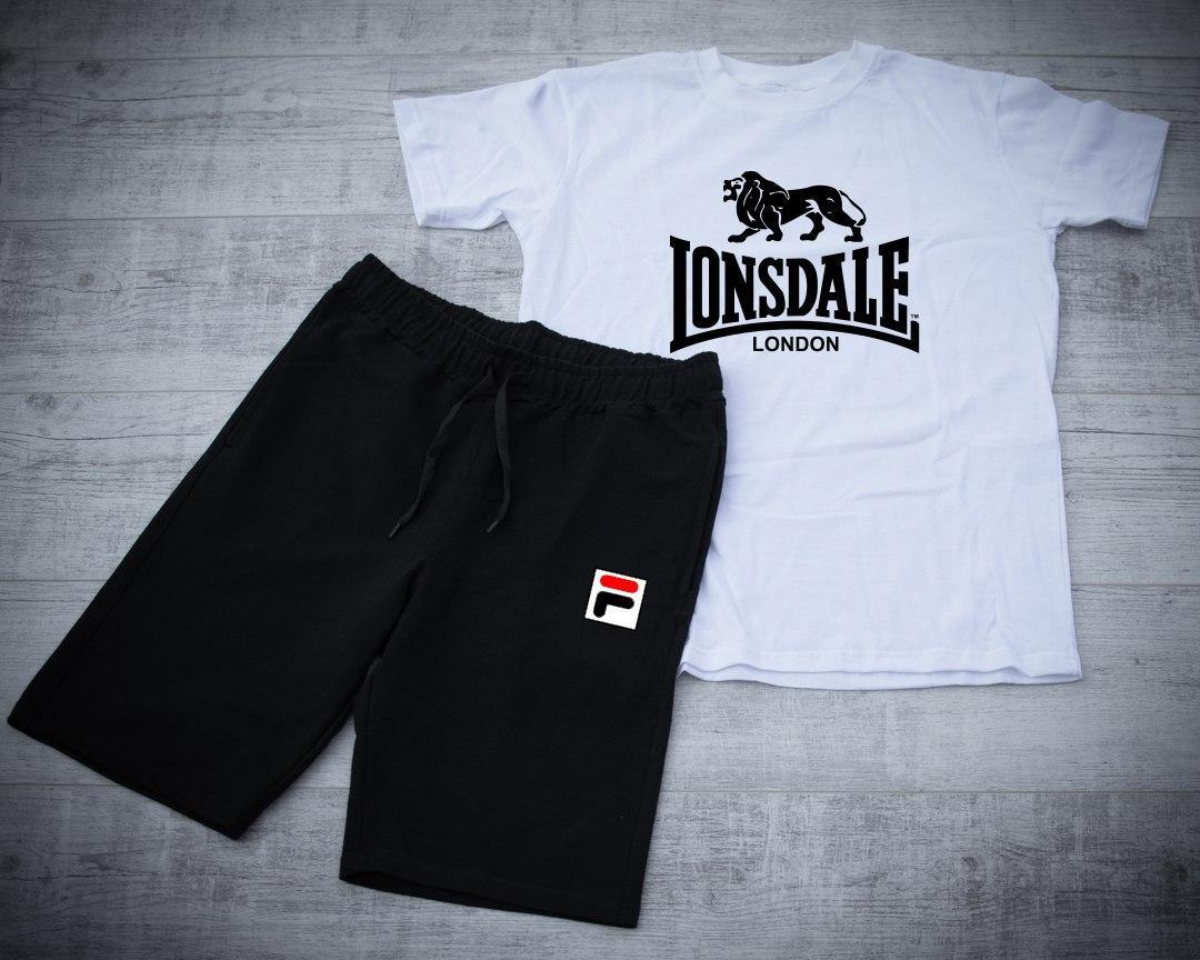 Чорні чоловічі шорти Філа (Fila) і біла футболка Lonsdale/ Літні комплекти для чоловіків