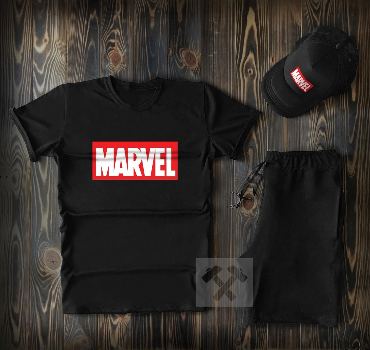 Чорний чоловічий комплект Марвел (Marvel) шорти та футболка+кепка/ Літні комплекти для чоловіків