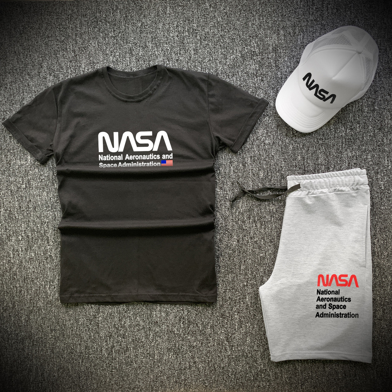 Чоловічі сірі шорти та чорна футболка НАСА (Nasa) + кепка/ Літні комплекти для чоловіків