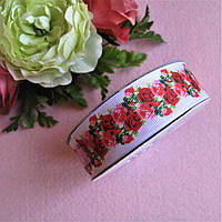 Стрічка репсова 2.5 см малюнок червоно-рожеві троянди