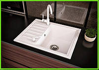 Кухонні прямокутна гранітна мийка Aqua + сифон ( біла ) 555/450/170