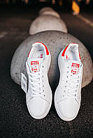 Adidas Stan Smith White/Red кроссы унисекс белые и красный задник. Модная обувь унисекс Адидас Стэн Смит