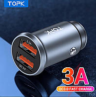 Зарядное устройство для телефона в автомобиль с быстрой зарядкой на 2 USB порта TOPK G210Q.