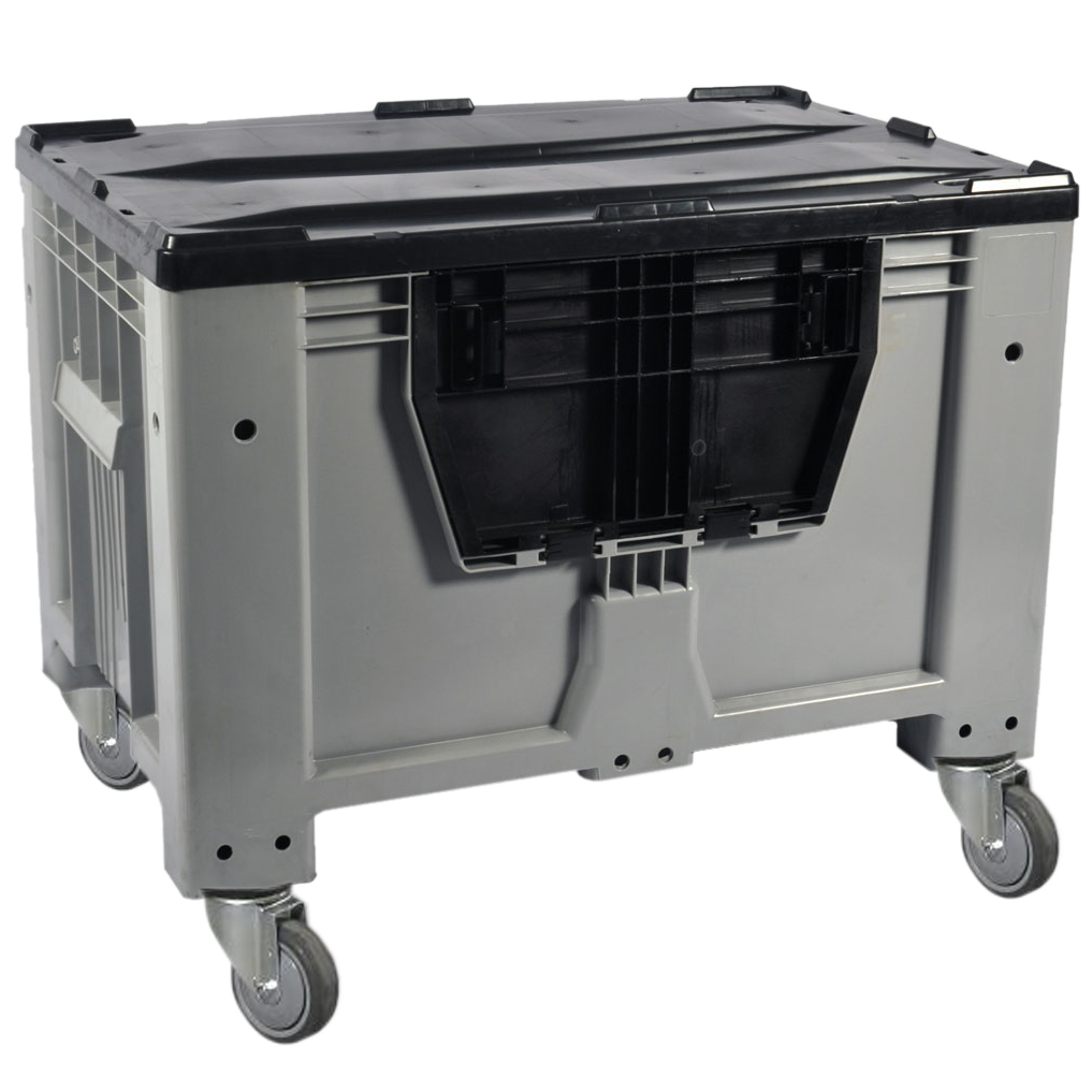 Пластиковий контейнер 1200 х 800 х 800 харчовий 510 л із відкидною стінкою з колесами, без кришки сірий