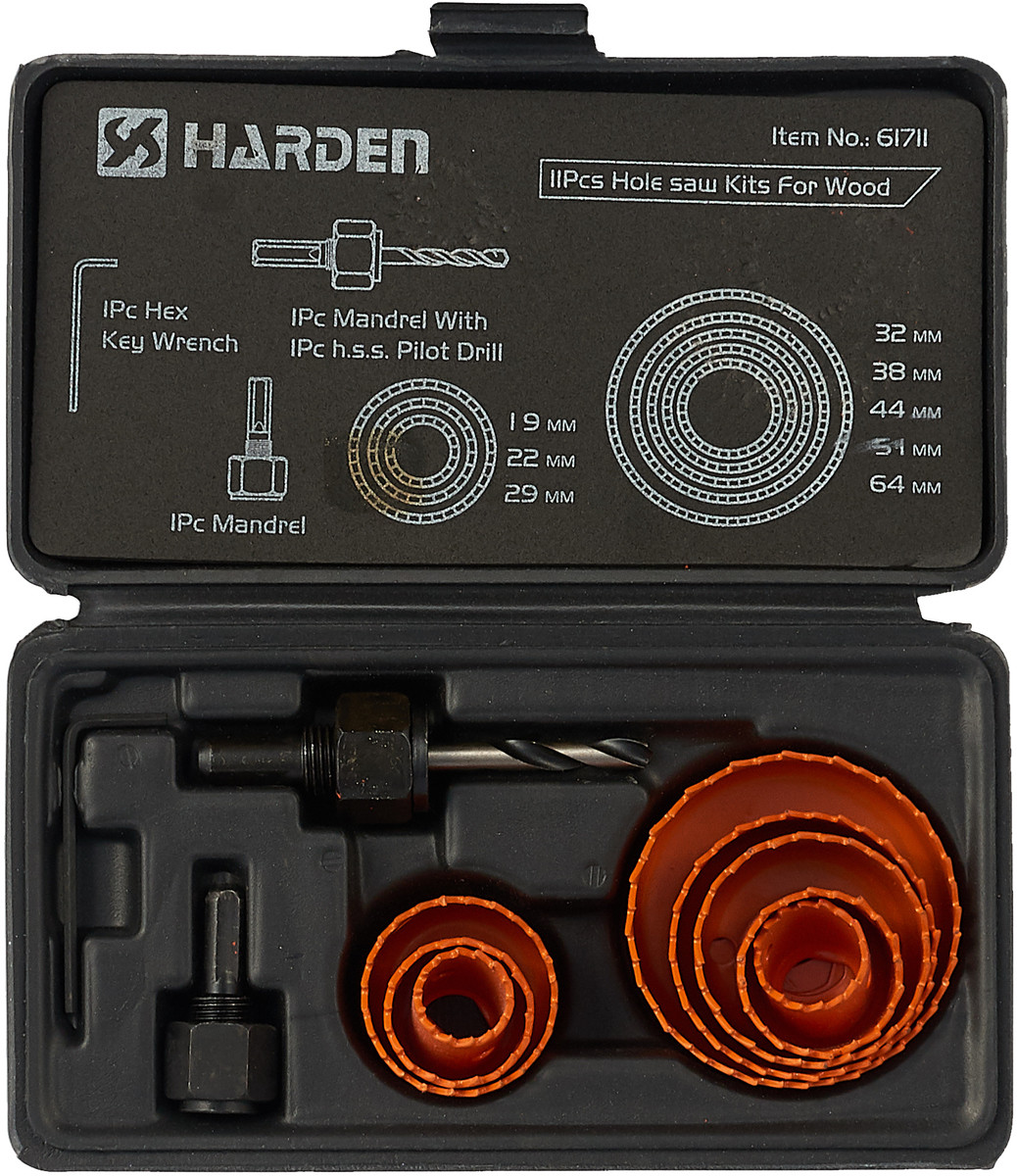 Набір коронок по дереву 11 предметів 19-64мм Harden Tools 610546
