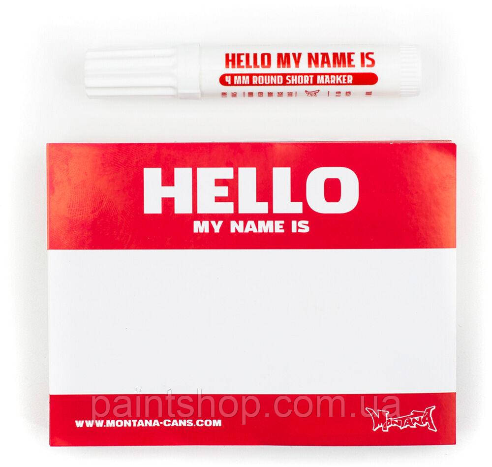 Стікери Montana "Hello my name is" Червоні з маркером (100 шт)