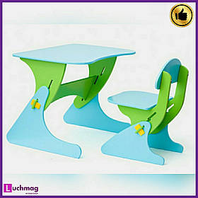 Парта дитяча дерев'яна зелено-блакитна зі стільцем з регулюванням висоти