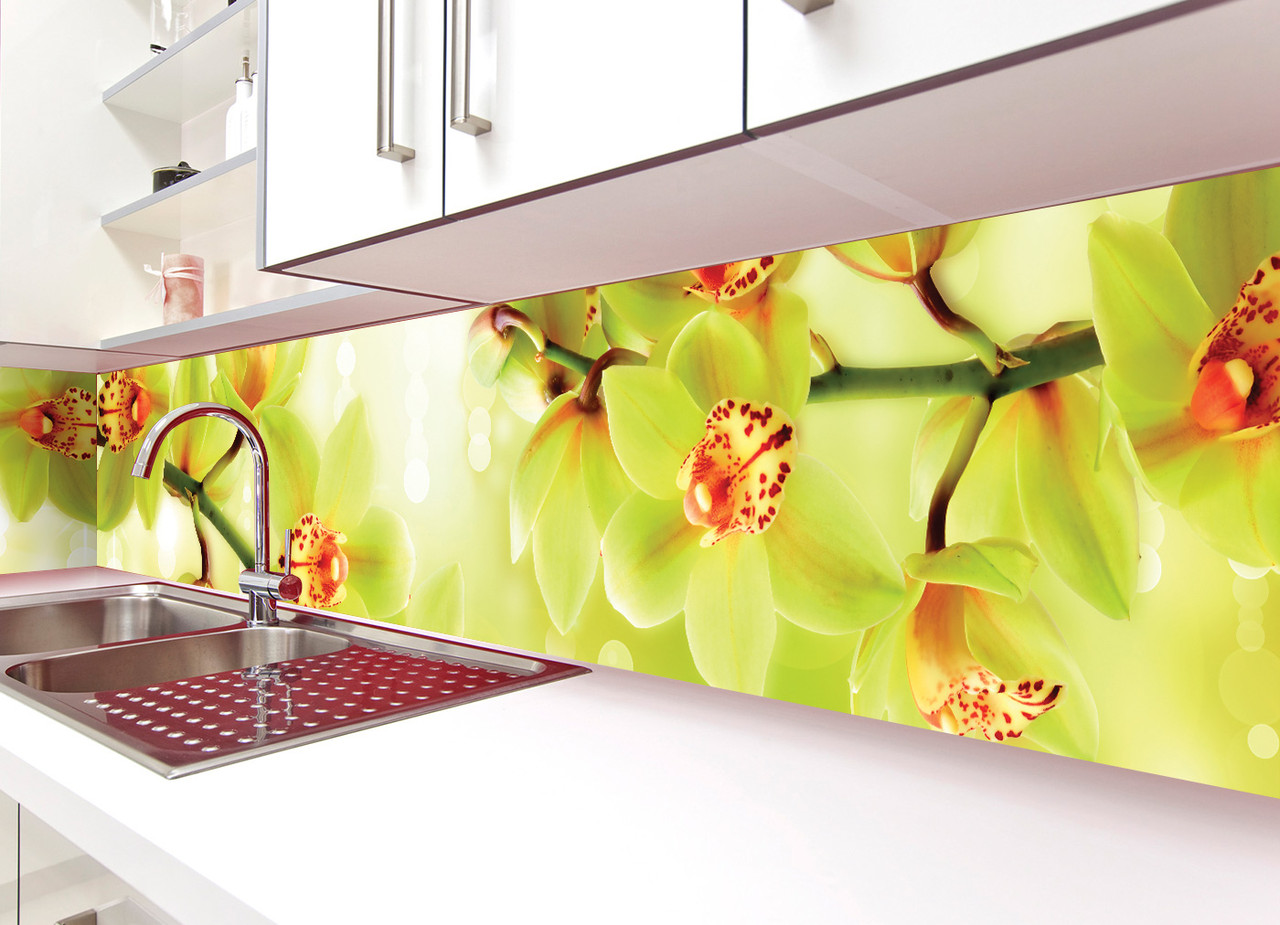 Кухонний фартух Орхідеї Тигрові вініловий квіти ПВХ наклейка плівка скіналі для кухні жовтий 600*2000 мм