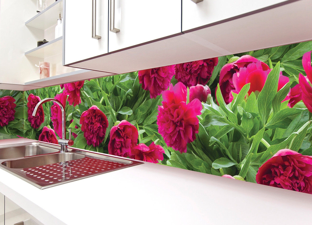 Кухонний фартух Пишні півонії вініловий самоклеючий (ПВХ наклейка скіналі для кухні) зелений 60х200 см